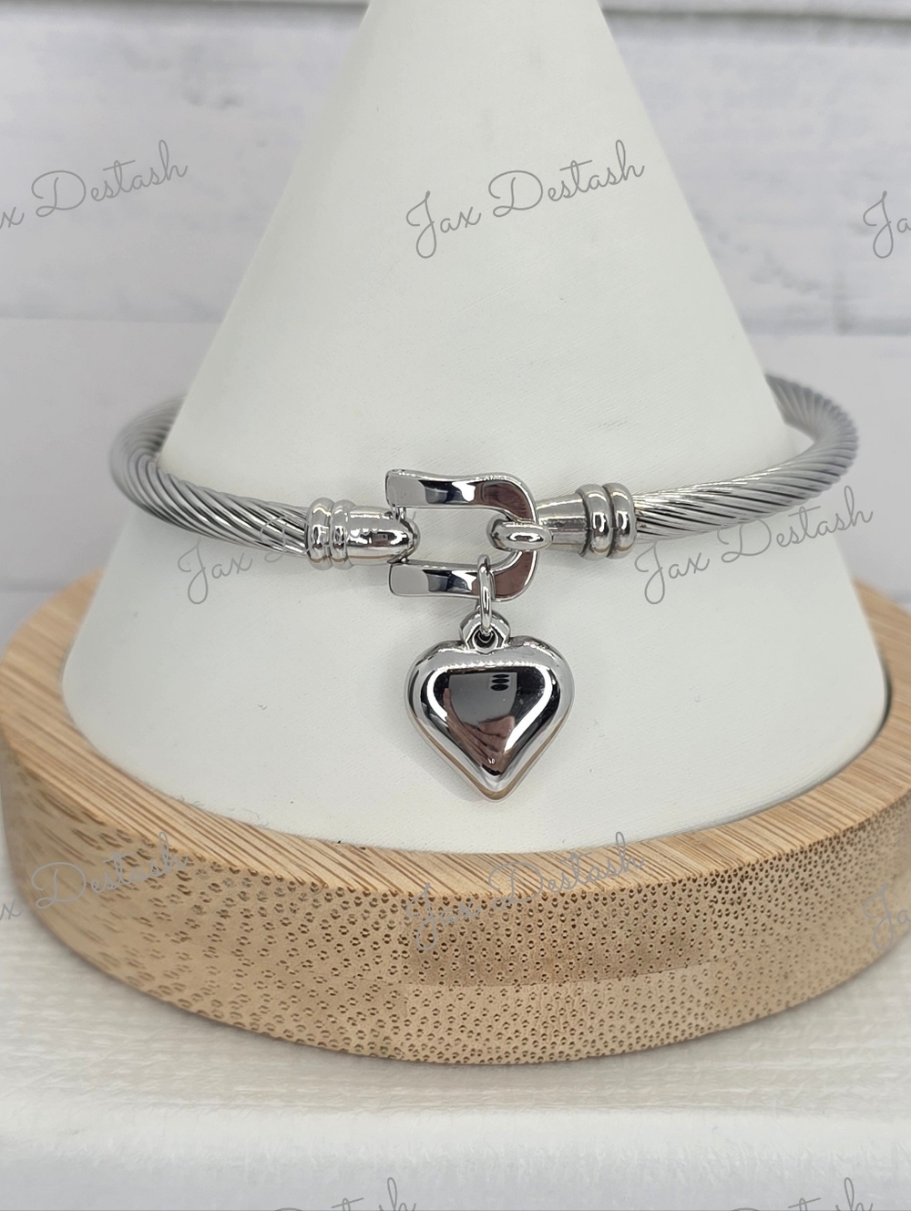Silver Tone Heart Charm Cable Bangle Bracelet BR107